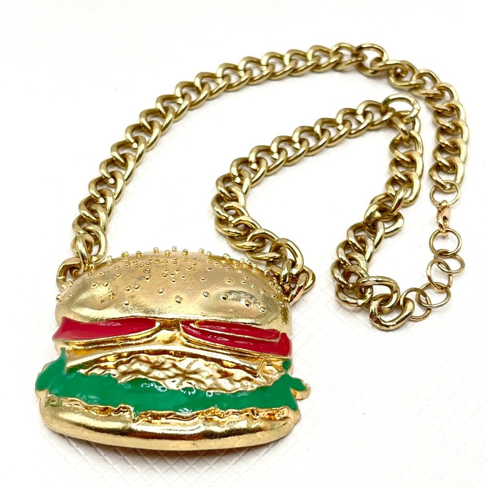Quirky Hamburger Pendant Long w/ Chunky Gold Tone Chain Bling Necklace 15"